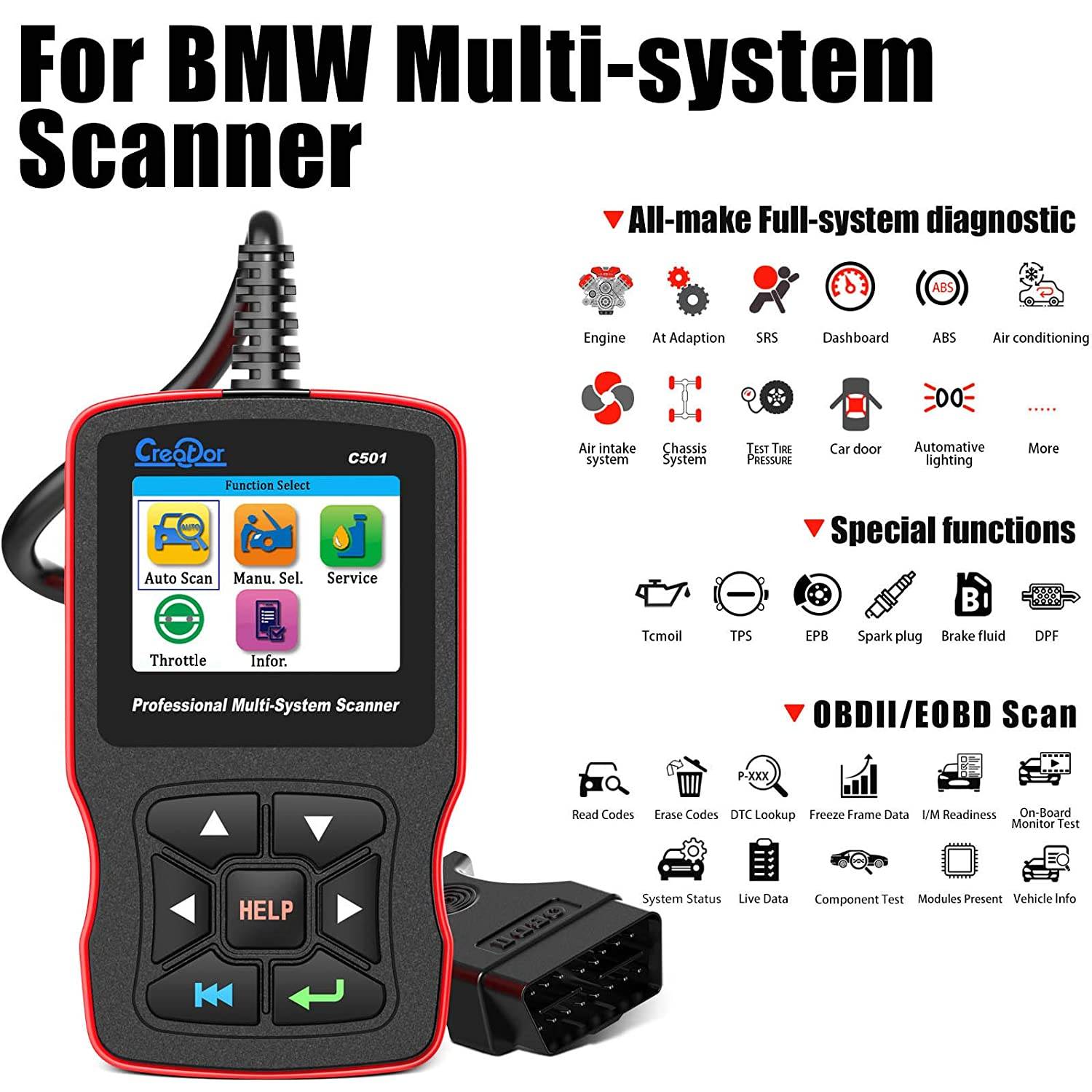 Creator C501 Code Reader C501 V7.7 Scan Tool Multi-System Scanner for BMW & OBDII/EOBD Support Multi-Language Diagnostic Scan Tool - Hatke