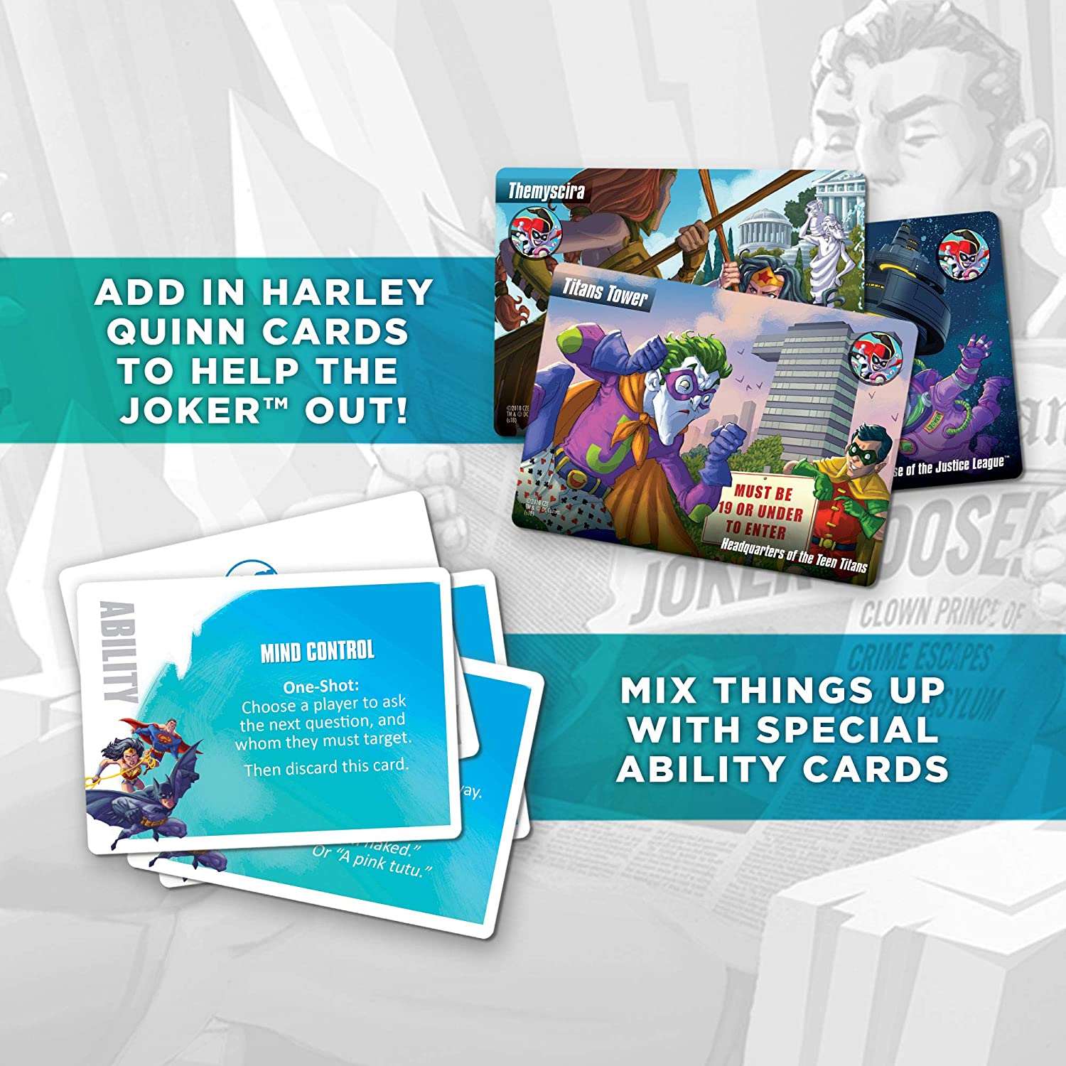 DC Spyfall - The Perfect Party Game - Find The Joker Before Time Runs Out - For 3 to 8 Players - Board Games for Teens and Adults - Featuring Batman, Superman, Wonder Woman, and More - Ages 13+ - Hatke